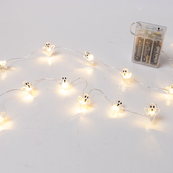 HALLOWEEN ΛΑΜΠΑΚΙ ΣΕΙΡΑ 20 MINI LED ΦΑΝΤΑΣΜΑΤΑΚΙΑ ΜΠΑΤΑΡΙΑΣ 3AA ΧΡΟΝΟΔΙΑΚΟΠΤΗ ΑΣΗΜΙ ΧΑΛΚΙΝΟ ΚΑΛΩΔΙΟ ΘΕΡΜΟ ΛΕΥΚΟ LED ΑΝΑ 10cm ΠΑΡΟΧΗ 30cm IP20