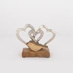 TABLE  DECORATION, HEARTS AND  WOODEN BIRD, WOOD-ALUMINIUM, SILVER-NATURAL, 18x5x14cm