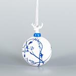 GLASS BALL WITH PORCELAIN REINDEER, WHITE, WITH BLUE DESINGS, 8cm, PCS 1