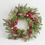 WREATH, WITH LEAVES, RED BERRIES, RED & GOLD BALLS, 55cm