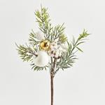 TWIG, WITH WHITE BERRIES AND GOLD BALL, 24cm