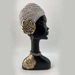 DECORATIVE SCULPTURE, RESIN, FEMALE WITH TURBAN ROSE, BLACK-SILVER-GOLD 17x6.5x35cm