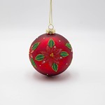 GLASS BALL, RED WITH POINSETTIA, SET 4PCS, 10cm