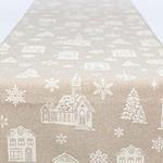 TABLE RUNNER, BEIGE WITH WHITE HOUSES, 35x150cm