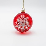 GLASS BALL, RED WITH SILVER FLOWER, SET 4PCS, 8cm