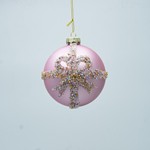 GLASS BALL, LIGHT PINK WITH CHAMPAGNE BOW, SET 4PCS, 10cm