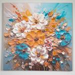 CANVAS  PAINTING ,  FLOWERS, WHITE YELLOW- BABY BLUE, 80x80x2.5cm