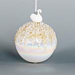 GLASS BALL, IREDISCENT WHITE WITH PORCELAIN SWAN, 10cm, PCS 1