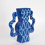 VASE, CERAMIC, BLUE WITH WHITE LINES, WITH HANDLERS, 37.5x8x35.5cm