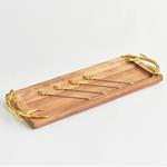 ACACIA WOODEN TRAY, WITH METAL FOOD PICKERS AND GOLD HANDLES