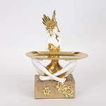 DECORATIVE SCULPTURE, RESIN, FEMALE WITH MASK & DISC, WHITE-GOLD, 16.5x13x31cm