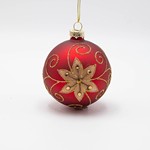 GLASS BALL, RED WITH GOLD FLOWER, SET 4PCS, 8cm