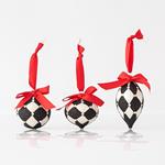 GLASS ORNAMENT, WHITE-BLACK, WITH RED RIBBON, IN 3 SHAPES, SET 4PCS, 10 AND 15cm