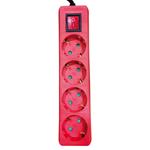 SOCKET 4 SCHUKO HOLES CABLE 3X1,5mm EXTENSION 2m RED WITH SWITCH & SHUTTER PROTECTION