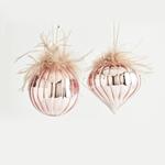 GLASS ORNAMENT, PINK WITH FEATHERS, 2 DESIGNS, SET 4PCS, 10CM