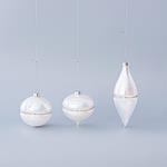GLASS ORNAMENT, PEARL WHITE, WITH GLITTER LINE, 3 SHAPES, SET 4PCS, 8 AND 13cm