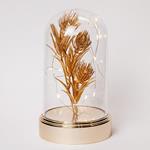 PLASTIC DOME H20cm, Φ11cm,, BATTERY BOX 3XAA, TIMER, 10 WARM WHITE LED, SILVER COPPER WIRE, GOLD FLOWER WITH LEAVES, IP20