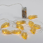 LINE, 10 LED 5mm, WITH GOLDEN METAL LEAVES 6cm, BATTERY BOX 2xAA, TIMER, TRANSPARENT PVC WIRE, WARM WHITE LED, PER 10cm, LEAD WIRE 50cm, IP20