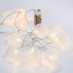 LINE, 10 LED 5mm, WITH TRANSPARENT IRIDESCENT RELIEF BALLS, BATTERY BOX 2xAA, TRANSPARENT PVC WIRE, WARM WHITE LED, PER 15cm, LEAD WIRE 30cm, IP20
