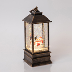 PLASTIC LANTERN WITH SNOWMAN, VINTAGE BROWN, LIGHTED, WITH WATER, BATTERY OPERATED, 1 WARM WHITE LED, 9x9x22cm