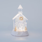 PLASTIC CHURCH, TRANSPARENT, LIGHTED, WITH WATER, BATTERY OPERATED, 1 WARM WHITE LED, 11,5x13x21,5cm