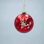 GLASS BALL, RED, WITH WHITE 3D FLOWERS, SET 4PCS, 10cm