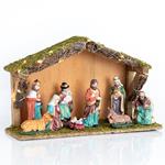 LIGHTED WOODEN MANGER WITH 9 PORCELAIN FIGURES, 20 LED, BATTERY OPERATED, 35x12x23cm