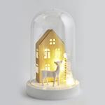 GLASS DOME, WITH WHITE DEER AND WOODEN TREE, 10 LED, 11,5x18cm