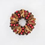 WREATH, WITH CINNAMON STICKS AND RED DECORATIVES, 34cm