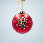 GLASS BALL, RED WITH BUCKLE WITH COLORED STONES, SET 4PCS, 10cm