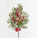 TWIG, WITH LEAVES, RED BERRIES, RED & GOLD BALLS, 75cm