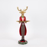 DEER WITH PLATTER, AND DECORATED ANTLERS, RED, POLYRESIN, 19x61cm