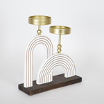 DOUBLE CANDLE HOLDER, WOODEN, WHITE, METAL BASE, GOLD,  23.50x8x26cm