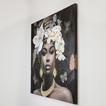 CANVAS WALL ART, FEMALE, WITH FLOWERS ON HEAD,WHITE- BLACK-GREY 100x100x3cm