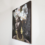 CANVAS WALL ART, FEMALE, WITH FLOWERS ON HEAD,WHITE- BLACK-GREY 100x100x3cm