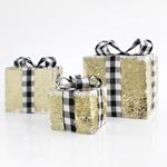 LED GIFT BOXES, BATTERY OPERATED, WITH WHITE-BLACK CHECKED RIBBON AND GOLD DECORATIVE,  15cm/20cm/25cm