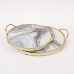 S/2 TRAY METAL  GLASS MARBLE EFFECT - GOLD 35x35x6cm / 30x30x6cm
