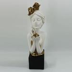 TABLE DECORATION SCULPTURE, WOMAN WITH FLOWERS, WHITE & GOLD, 10x14x32 cm