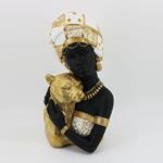 TABLE DECORATION SCULPTURE, WOMAN WITH TIGER, BLACK-WHITE-GOLD, 16x12.5x27cm