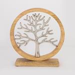 TABLE  DECORATION, TREE IN  WOODEN  RING, WOOD-ALUMINIUM, SILVER-NATURAL, 28x5x31cm