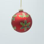 GLASS BALL, MATTE RED WITH MISTLETOE, SET 4PCS, 8cm