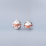 GLASS ORNAMENT, WHITE, WITH RED PAINTED RIBBON, IN 2 SHAPES, SET 4PCS