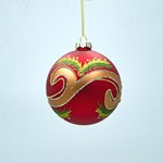 GLASS BALL, RED WITH GOLD AND GREEN DETAILS, SET 4PCS, 10cm