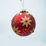 GLASS BALL, RED WITH GOLD POINSETTIA, SET 4PCS, 10cm