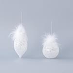 GLASS ORNAMENT, WHITE WITH FEATHERS AND SEQUINS, IN 2 SHAPES, SET 4PCS, 8cm