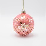 GLASS BALL, PINK WITH WHITE PEARL FLOWER, SET 4PCS, 8cm
