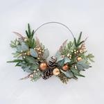 WREATH, WITH SILVER HOOP, WITH LEAVES AND COPPER DECORATIVES, 55cm