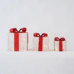 LIGHTED GIFTS, WHITE WITH RED RIBBON, 15-20-25cm