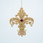 ACRYLIC ORNAMENT FLEUR DE LIS, GOLD WITH RED GEM, 11.4x1x13.7cm