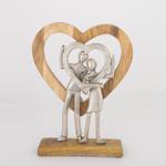 TABLE  DECORATION, COUPLE IN  WOODEN  HEART, WOOD-ALUMINIUM, SILVER-NATURAL, 24x5x28cm